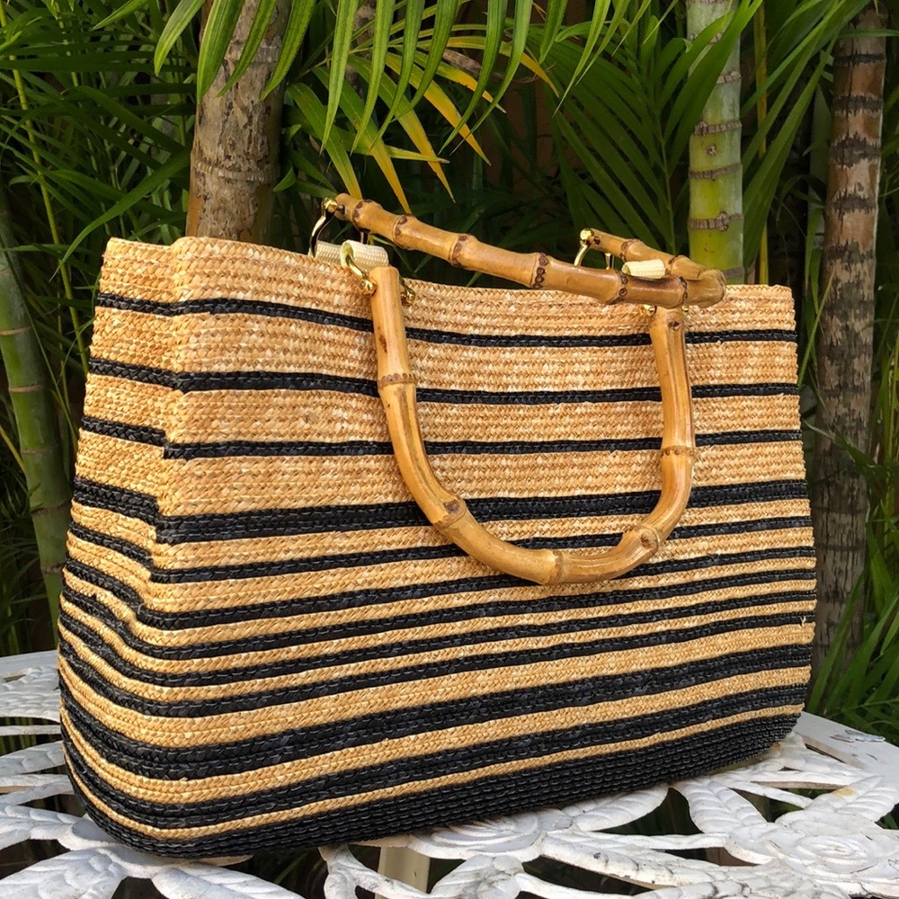 100% Wheat and Black handbag with Bamboo handles